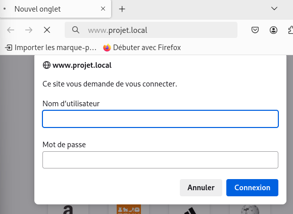 Recette : le navigateur demande l'identifiant avant d'afficher le site projet