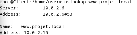 Recette : résolution de www.projet.local par le serveur DNS
