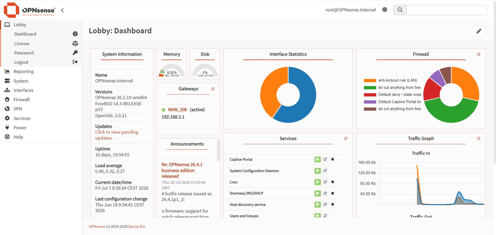Tableau de bord OPNsense : service Captive Portal actif