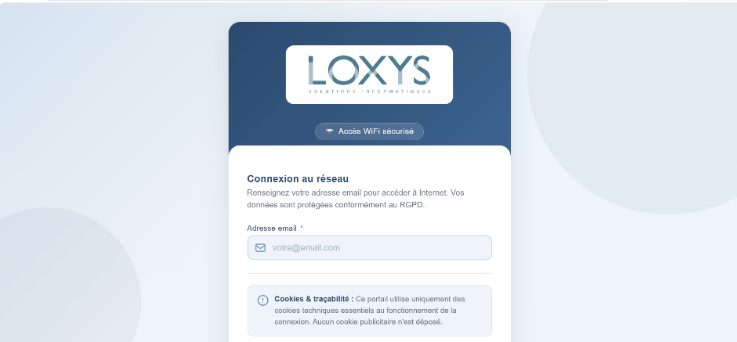 Page du portail captif : e-mail, règlement obligatoire, newsletter facultative