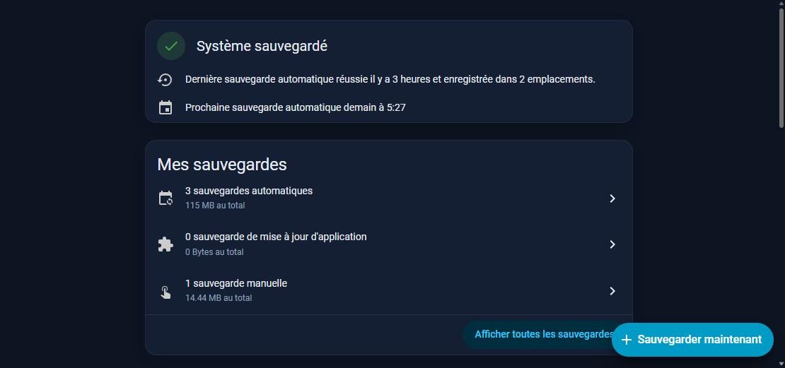 État des sauvegardes de Home Assistant