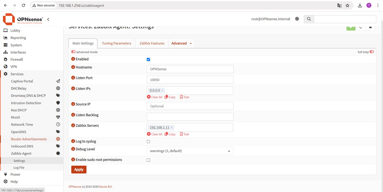 Agent Zabbix configuré sur OPNsense