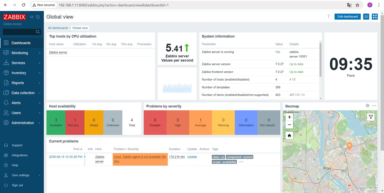 Tableau de bord Zabbix 7.0 : hôtes, problèmes et état du serveur