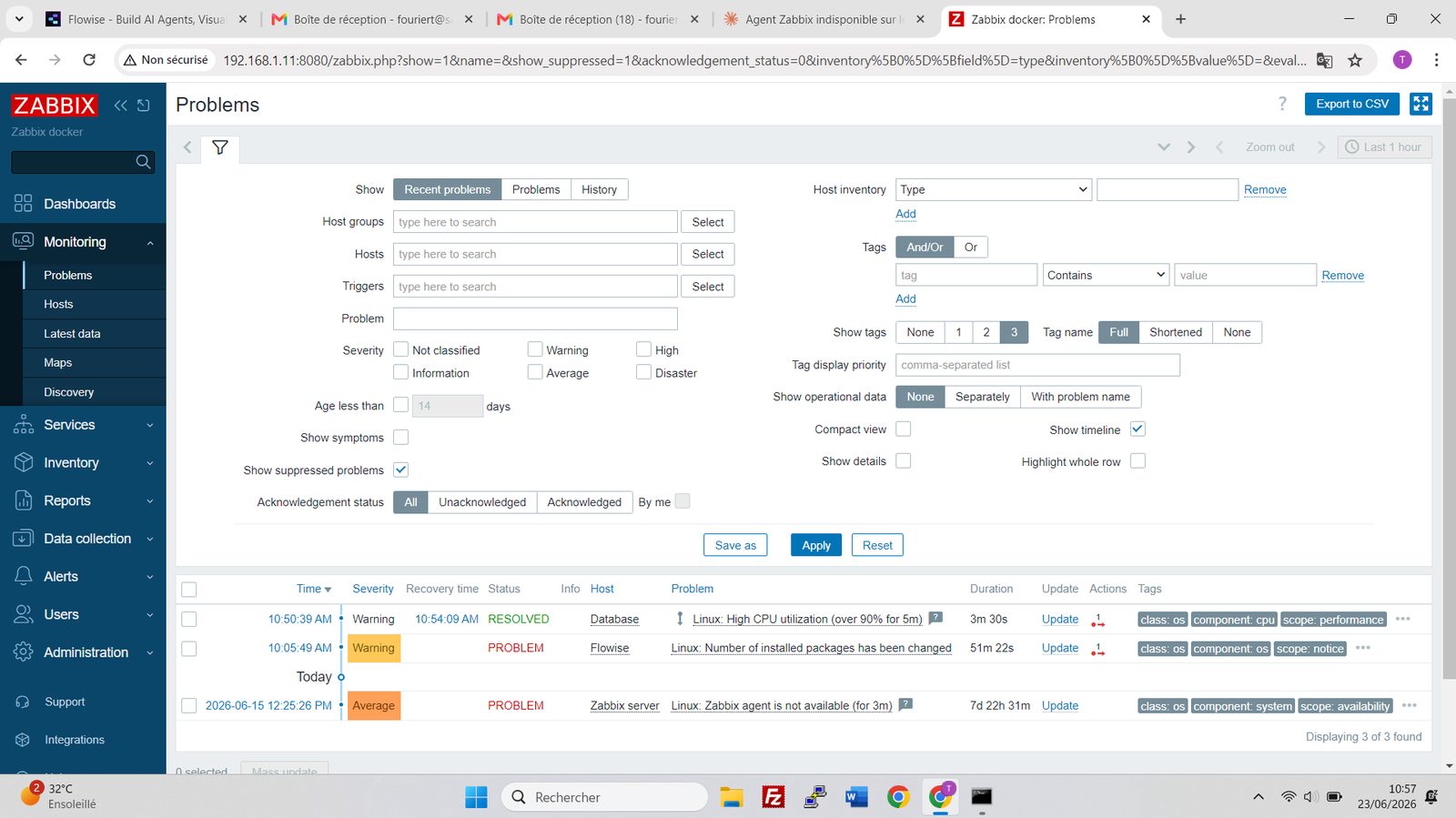 Problèmes détectés par Zabbix